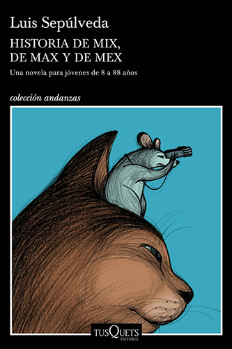 Portada del libro Historia de Mix, de Max y de Mex en la que sobre un fondo negro se abre un recuedro azuk donde encontramos la ilustración de un gato con un ratón en la cabeza