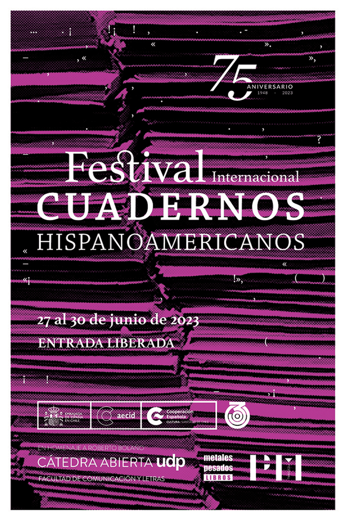Sobre un fondo rosa en el que se aprecian libros apilados, podemos leer el texto Festoval de cuadernos hispanoamericanos escrito en tipografia con serifa blanca